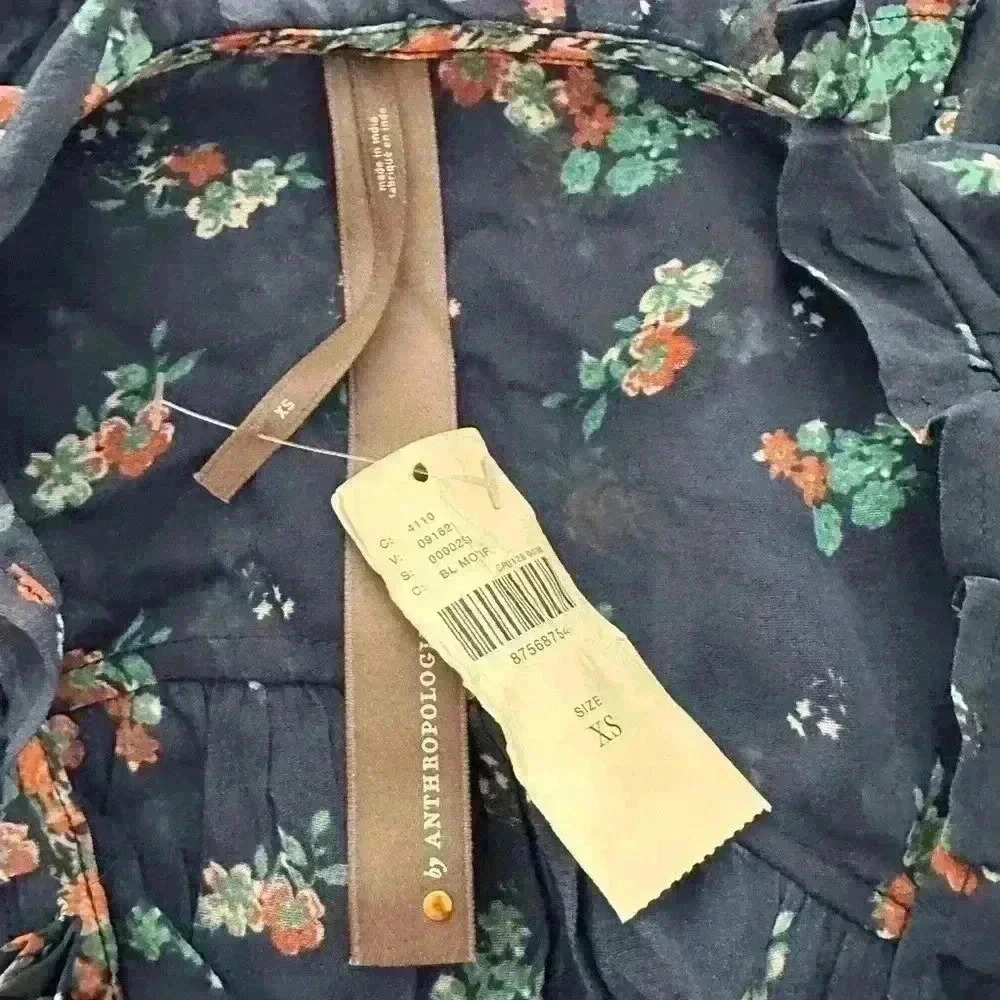 Anthropologie NWT Boho Blue Floral Sheer Babydoll Cropped Oversized Blouse XS - Picture 8 of 10